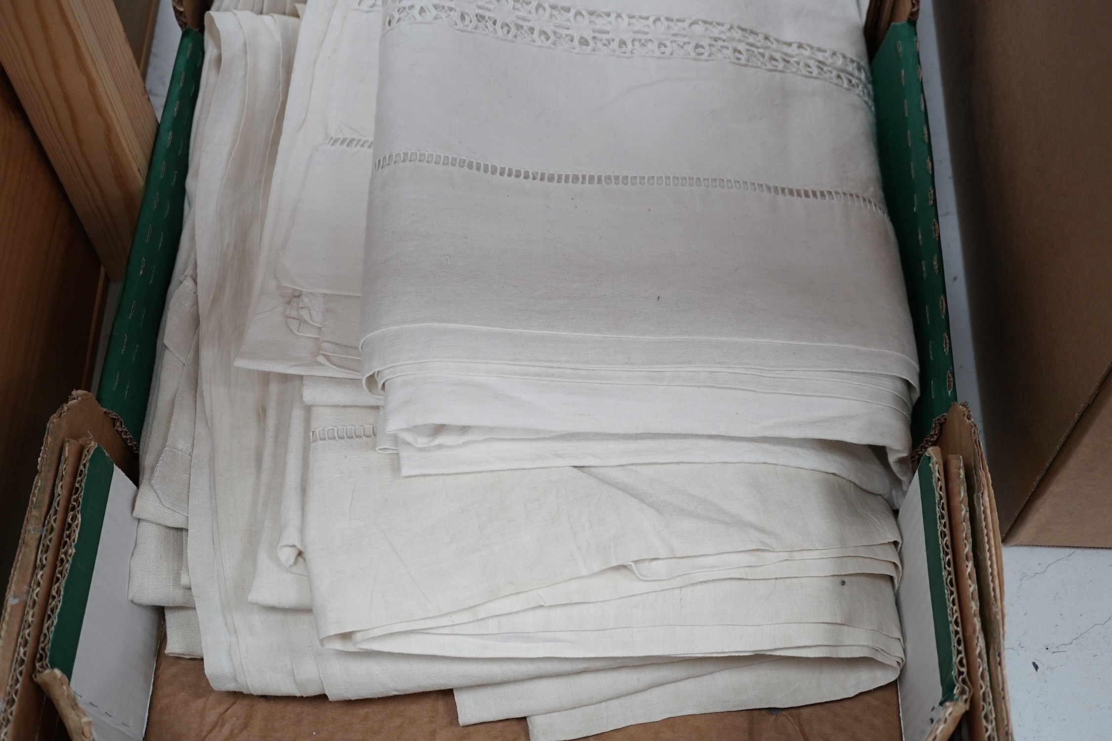 Three French linen sheets with embroidered turn backs